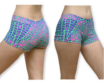 Shorty 'Acid Dragonfly' Shorty en coton et élasthanne pour femmes. Pantalons de yoga sexy, shorts de yoga, shorts hippie, rave, shorts anti-UV.