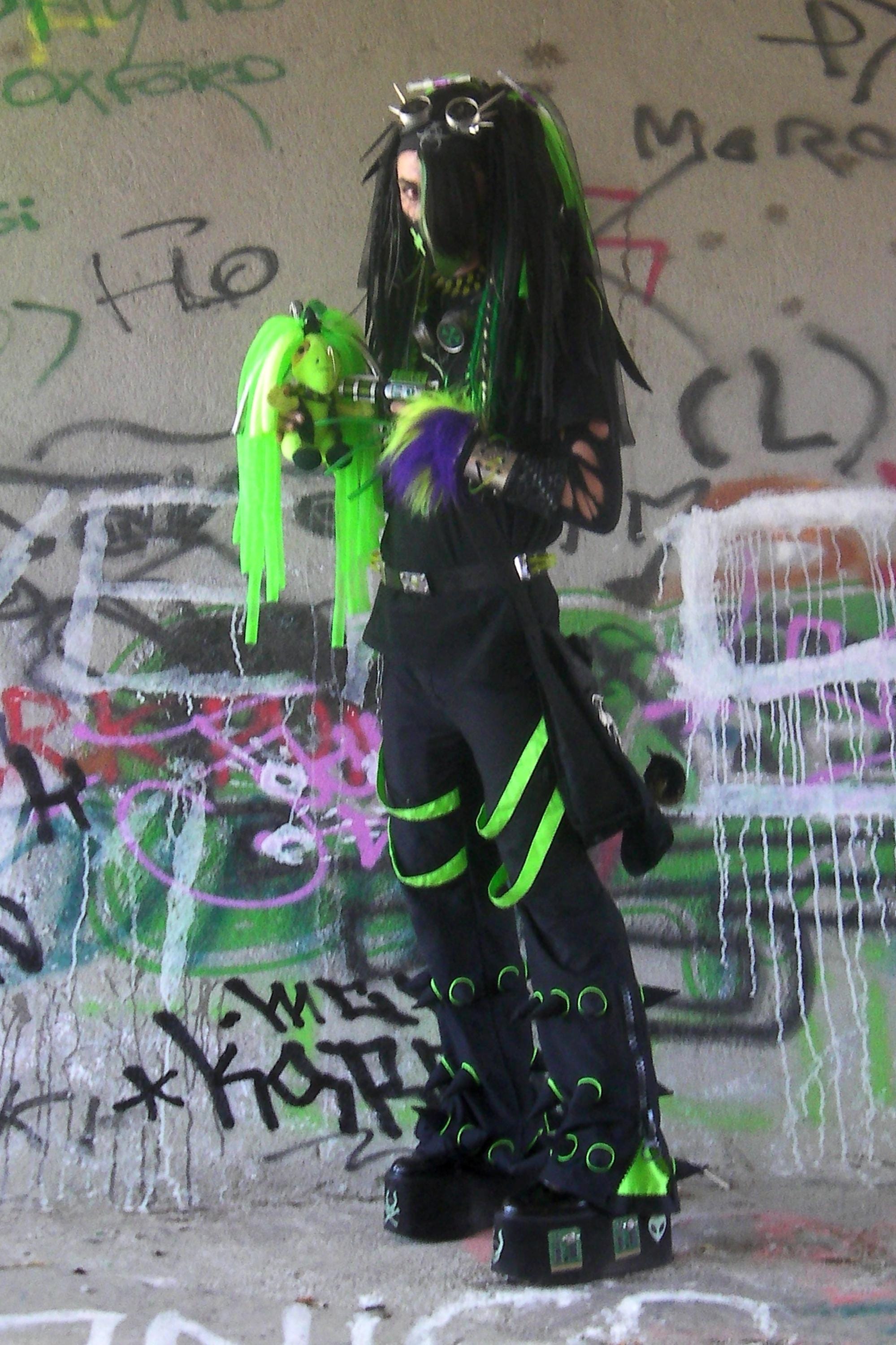 Spikey Black / UV Lime Microfibre Pants. Punk - Rave Trousers With