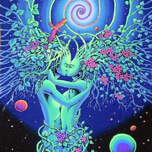 Psychedelic Tapestry, &#39;Nature&#39;s Embrace&#39; UV active Wall Hanging, Trippy Wall Art, Psytrance Backdrop, Blacklight Banner, New age Tree Spirit
