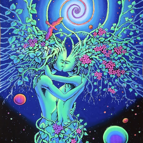 Psychedelic 'Nature's Embrace' Tapestry, UV Reactive Wall Hanging, Trippy wall art, Hand Painted Batik, 2m high