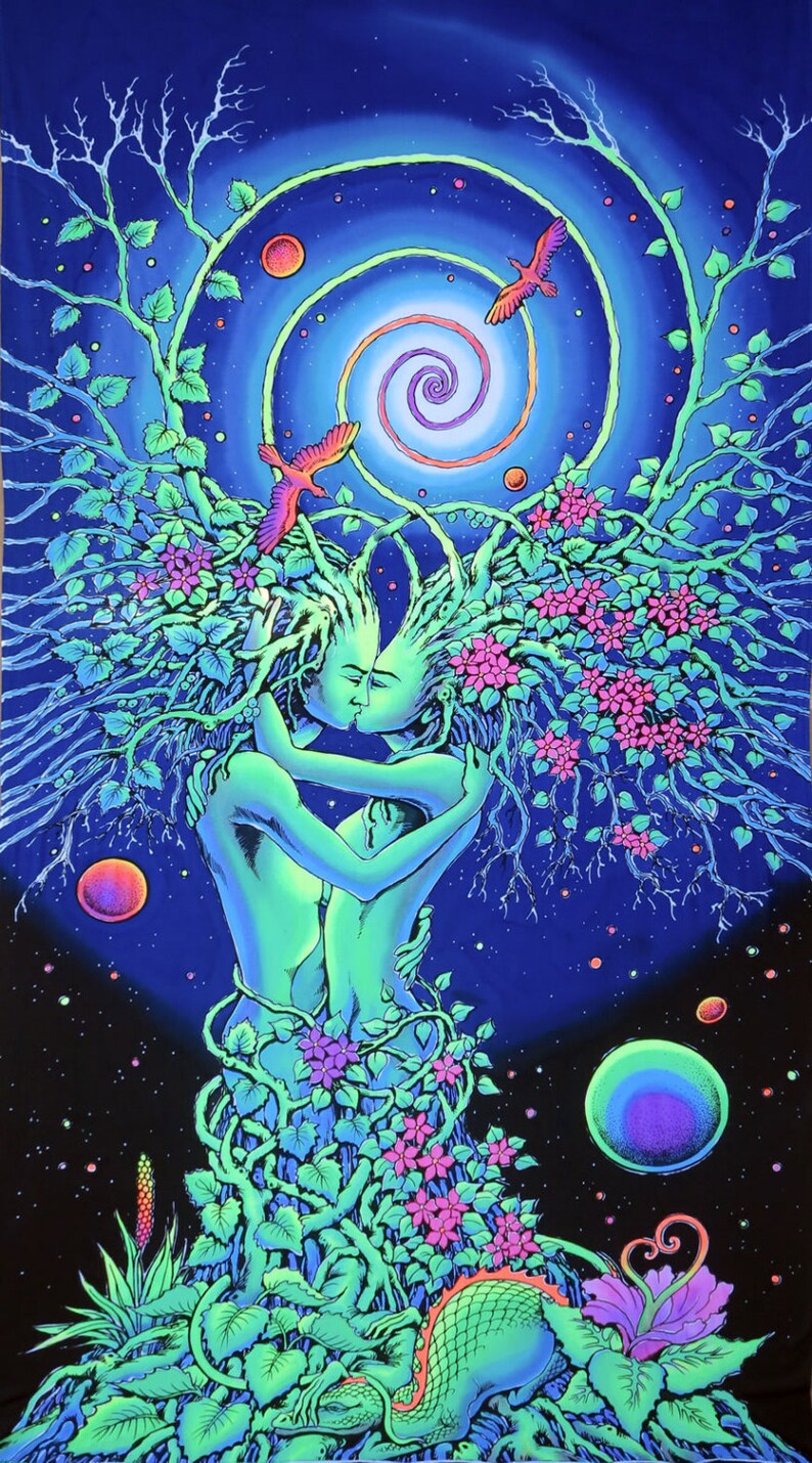 Psychedelic Tapestry, 'Nature's Embrace' UV active Wall Hanging, Trippy Wall Art, Psytrance Backdrop, Blacklight Banner, New age Tree Spirit 