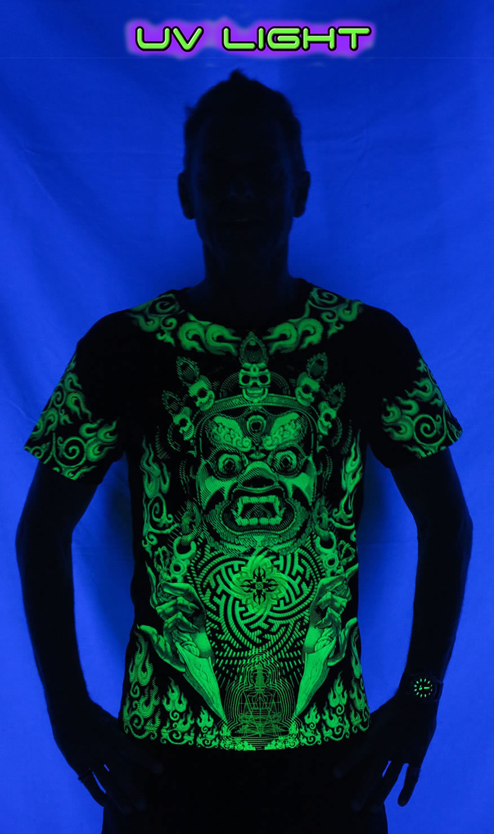 Psychedelic Lime Mahakala Goa UV Active Festival T shirt 3D