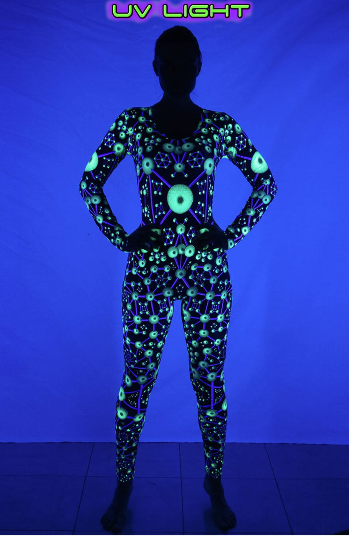 Atomic Alien Long Sleeve Catsuit, UV Active Rave Bodysuit, Psychedelic ...