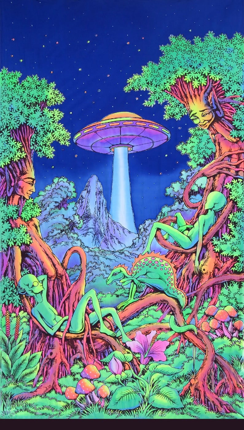 Trippy wall art 'UFO Jungle' Psychedelic tapestry, Trippy wall hanging, UV reactive backdrop, Shrooms, Blacklight tapestry, Aliens, acid art 