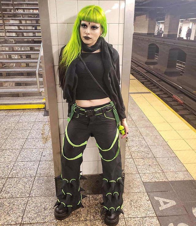 Spikey Black / UV Lime Microfibre Pants. Punk - Rave Trousers With