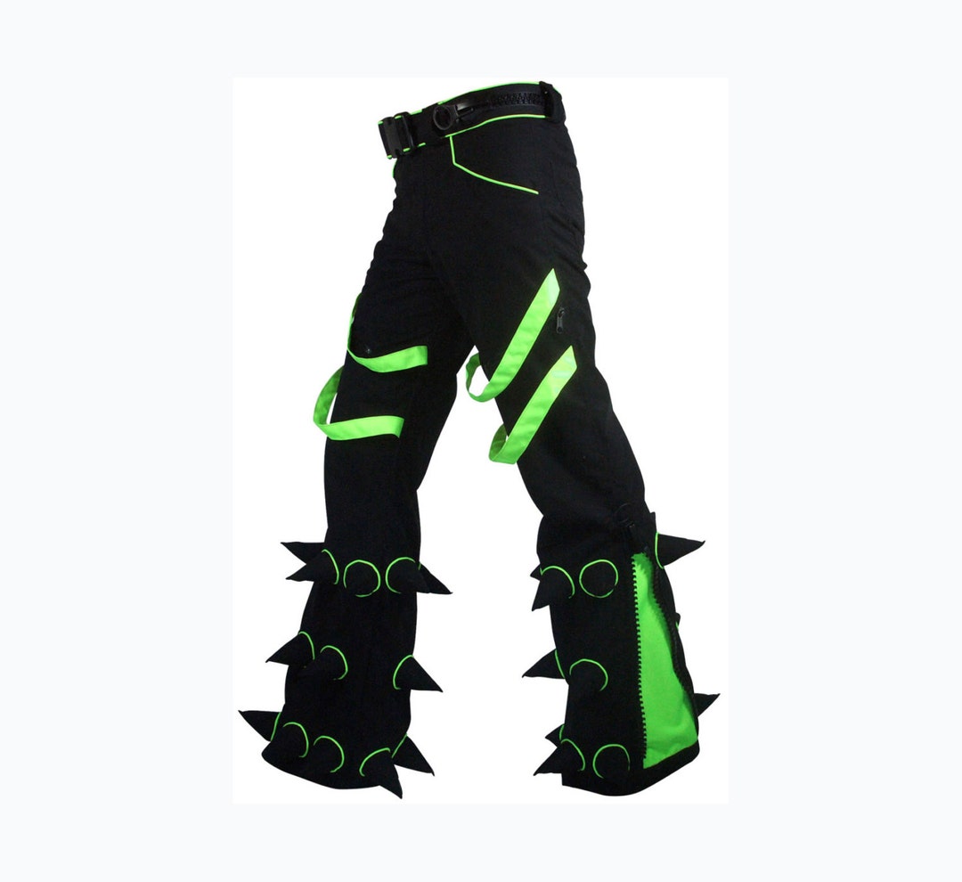 Spikey Pants : Black Trousers With Soft Spikes, UV Lime Spikey Pants : Black Trousers With Soft Spikes, UV Lime