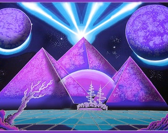 Psychedelic tapestry, 'Space Pyramids'. Giant UV reactive banner, Hand painted, Trippy wall art, Psytrance backdrop, trippy tapestry, 4 m