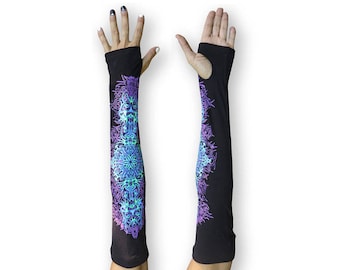 Arm sleeve, Black arm warmers 'Alien Orbital'  UV active rave wear, Psychedelic clothing, Goa clothing, Long arm warmers Psy trance festival