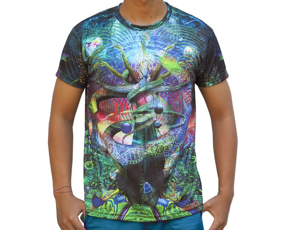 Festival t shirt Trippy T shirt Rave wear Psychedelic T shirt Cosmic Shrooms Psy Trance UV active Psychedelic clothing Visionary Art