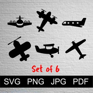 May include: Set of six black silhouette airplane designs. The airplanes are in various styles, including a propeller plane, a jet, and a small plane. The designs are perfect for crafting projects, scrapbooking, or digital design.