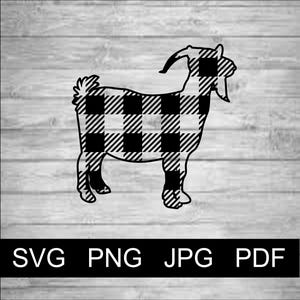 May include: Black and white checkered silhouette of a goat. The goat is standing on all four legs with its head turned to the side.