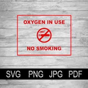 May include: Red and white sign with the text "Oxygen in Use" and a no smoking symbol. The sign also says "No Smoking".