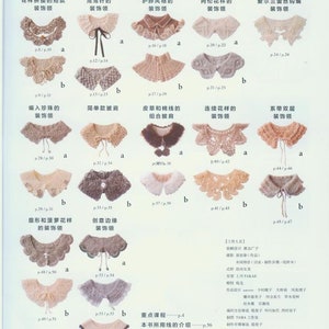 May include: A page from a crochet pattern book showcasing a variety of crochet collar designs. The collars are crafted in different colours and styles, including a plain white collar, a brown collar with a fur trim, and a pink collar with a lace pattern. The page also provides instructions for creating the collars.