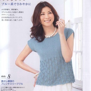 Puede incluir: Un top de crochet azul claro con un delicado patrón de calado. El top tiene mangas cortas y un escote redondo. La modelo lleva una falda blanca y un collar de perlas.