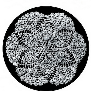 May include: White crocheted doily with a delicate floral pattern.