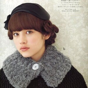 May include: A woman wearing a black hat and a grey fluffy collar. The collar has a white button. The text "How to make/p.35" and "Design Knitting/田惠美子" is visible in the background.