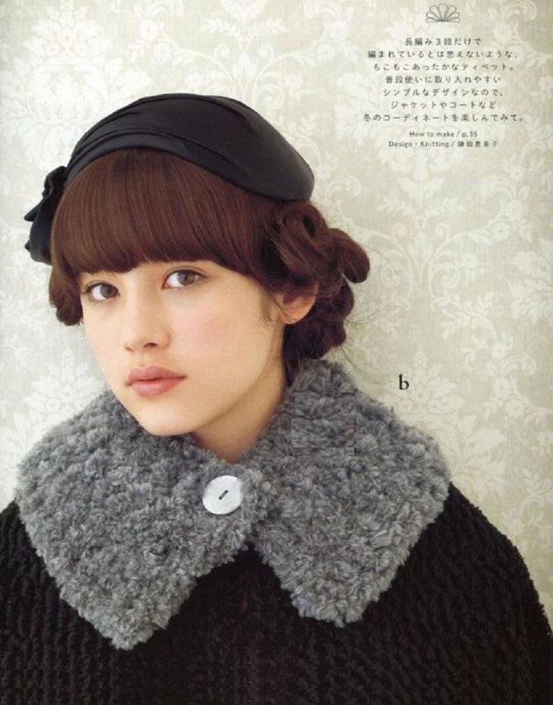 May include: A woman wearing a black hat and a grey fluffy collar. The collar has a white button. The text "How to make/p.35" and "Design Knitting/田惠美子" is visible in the background.