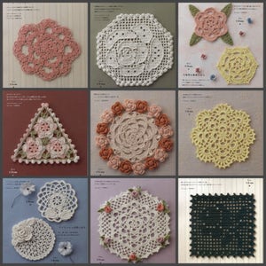 Könnte beinhalten: Eine Sammlung handgefertigter Häkeldeckchen in verschiedenen Formen und Farben. Die Designs umfassen Blumenmuster, geometrische Formen und filigrane Details. Die Deckchen werden auf einer hellen Oberfläche präsentiert, die die aufwendige Handwerkskunst zeigt.
