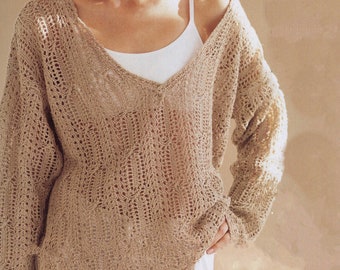 Knitting oversized lace pattern pullover with v-neck with crochet edges | Pdf file | Vintage pattern | Lace pattern pullover