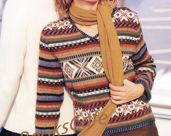 Knitting standart fitting V-neck fair-isle pullover | Pullover set-in-sleeves and top stitch embroidery | Vintage pullover pattern |