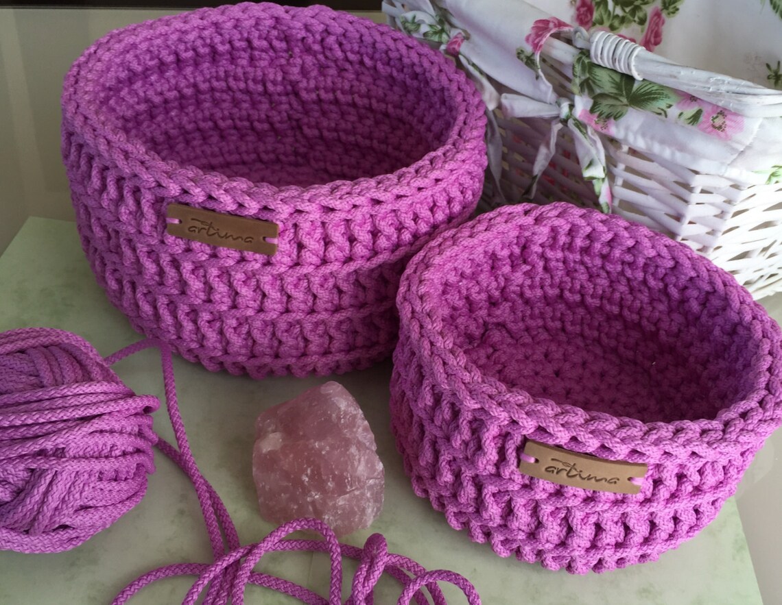 Pink crochet baskets Round crochet basket Set of baskets Etsy