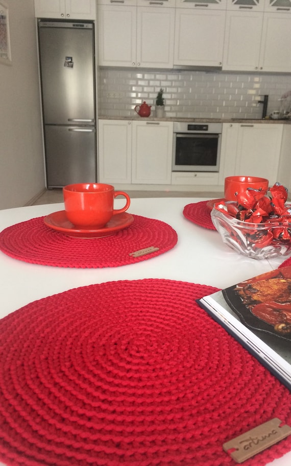 Set Of 4 Crochet Placemats Red Round Table Mats 6 Set Of 4 Crochet Placemats Red Round, Round Red Table Mats