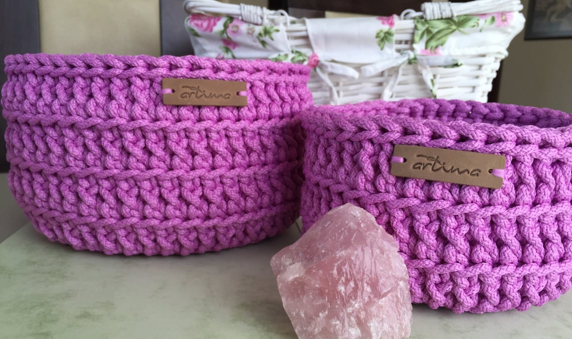 Pink Crochet Baskets Round Crochet Basket Set of Baskets Etsy
