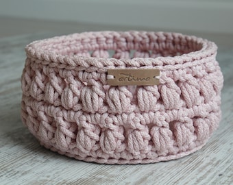 Pink storage basket, Round crochet basket, Crochet storage, Bathroom basket, Hallway basket, Nursery basket, Home storage, Key storage, Rope