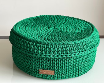 Round crochet basket with cover, Big basket with lid, Green crochet storage, Home storage, Bathroom organizer, Wardrobe basket, Nursery