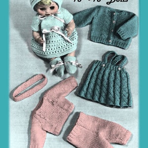 May include: A vintage image featuring a doll in a knitted outfit, with other knitted doll clothing items. The set includes a hat, dress, cardigan, headband, trousers, and a top. The text reads "7 Piece Wardrobe Knit Patterns 13" - 18" Dolls."