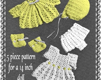 May include: A five-piece crochet pattern for a 14-inch doll. The pattern includes a yellow jacket, a yellow hat, a white dress, and two yellow booties.