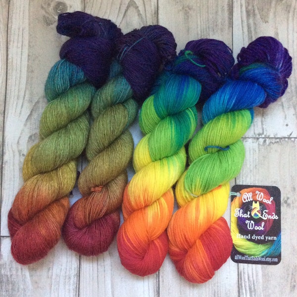 Hand dyed yarn sock/DK merino/nylon Superwash 'Return of the rainbow' silk yak wool /Uk indie dyer /knitting /crochet /sock weight