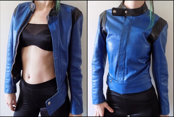 Vintage 80's Blue Leather Motorcycle Jacket