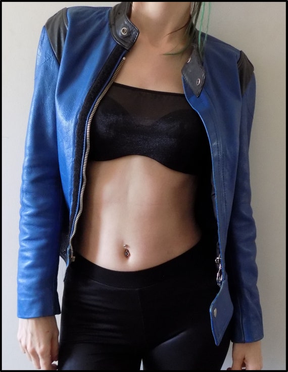 Vintage 80's Blue Leather Motorcycle Jacket - image 5