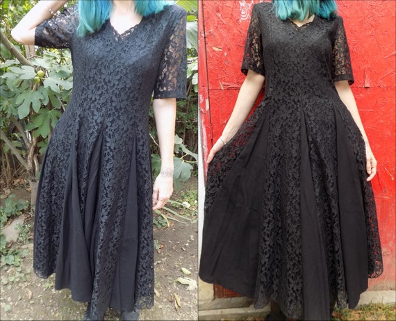 Vintage Black Witch Medieval Goth Long Lace Dress - image 1