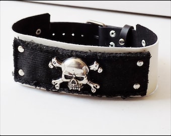 Handmade Leather Black and White Skull Choker