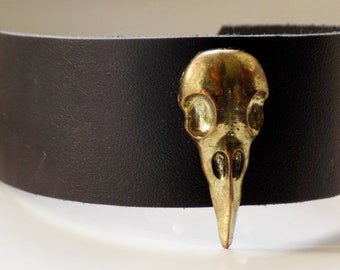 Handmade Leather Choker with Raven Skull