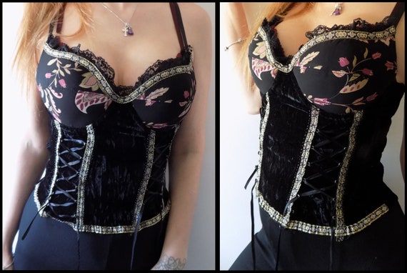 Vintage Black Velvet Floral Corset - image 1