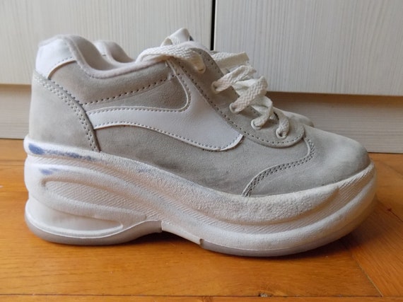 Vintage 90's White/Gray Leather Platform Sneakers - image 4