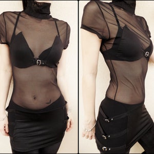 00's Black Tulle Sheer Goth Industrial Turtleneck Dress