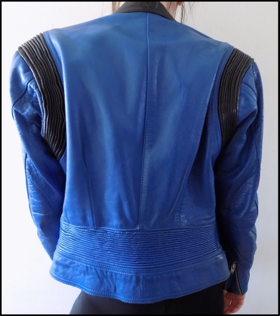 Vintage 80's Blue Leather Motorcycle Jacket - image 6