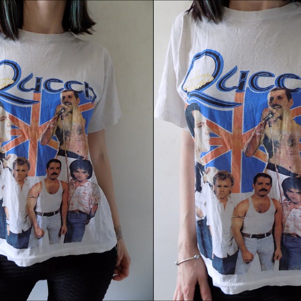 QUEEN Band T-shirt, Men's L size cotton black type Vintage Second Hand