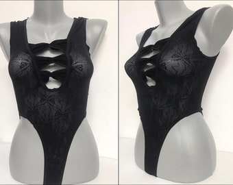 90's Black Lace Deep Cut Bodysuit