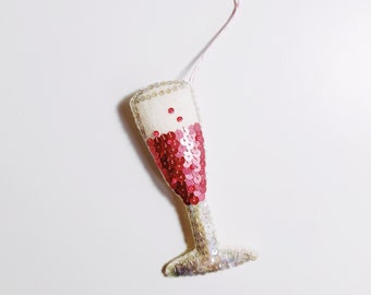 Luxury Rosé All Day Champagne Flute Hand Embroidered Sequin Heirloom Hanging Ornament