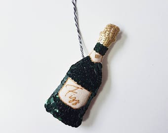 Luxury Fizz Champagne Bottle hand embroidered sequin hanging Christmas ornament