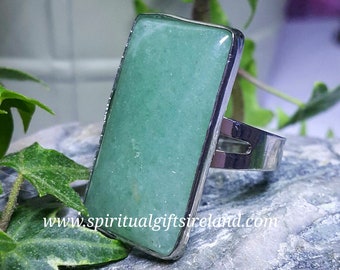 Aventurine Ring - Green Stone Rings, Adjustable Size, Silver Band, Statement Square, Crystal, Ladies, Girls, Womens, Handmade Holistic Gifts