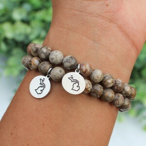 Michigan Petoskey Stone Bracelet | MI State Rock Bracelet | Michigan Jewelry | Michigander Gifts | Cute Simple Beaded Charm Bracelet