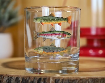 Trout Whiskey Glass | Trout Rocks Glass | Whiskey Tumbler | Cocktail Glasses | Trout Gifts | Fishing Gifts | Gifts for Men | Fly Fishing