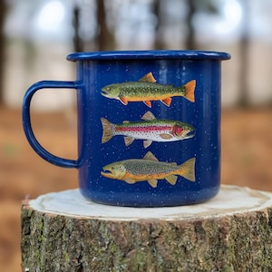 Trout Camp Mug | Enamel Metal Coffee Mug | Camping Cup | Trout Cup | Brook Trout | Rainbow Trout | Brown Trout | Gifts for Men | Outdoorsy