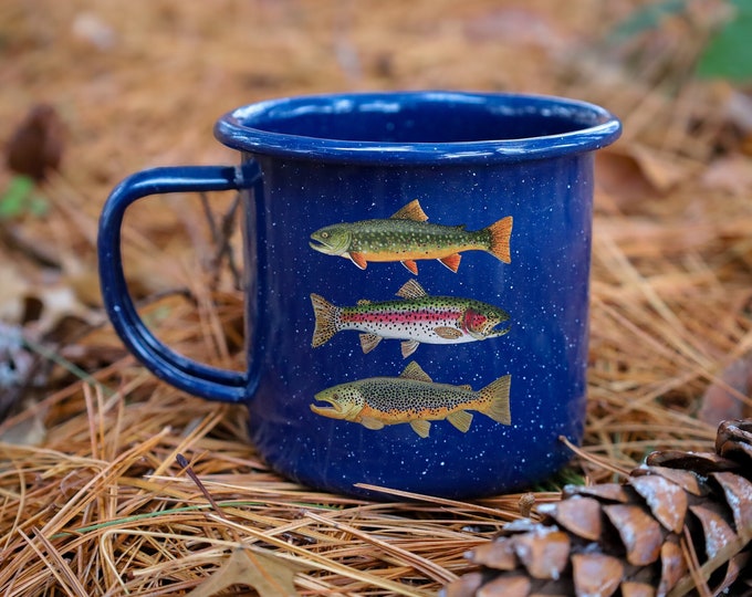 Trout Camp Mug Enamel Metal Coffee Mug Camping Cup Trout Cup Brook Trout Rainbow Trout Brown